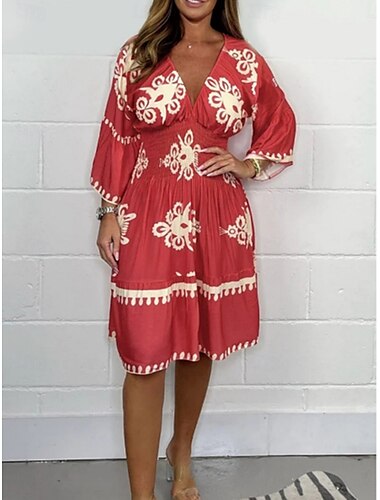  Damen Midikleid Casual kleid Boho Chic Kleider Boho-Kleid Böhmen Brautkleider schlicht Boho Urlaub Täglich Strand Lockere Passform Graphic Langarm V Ausschnitt Schwarz Rote Grün Aprikose Sommer