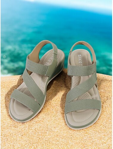  sandales compensées à bride élastique verte pour femmes avec semelle coussinée - chaussures d'été confortables pour les vêtements décontractés et les voyages
