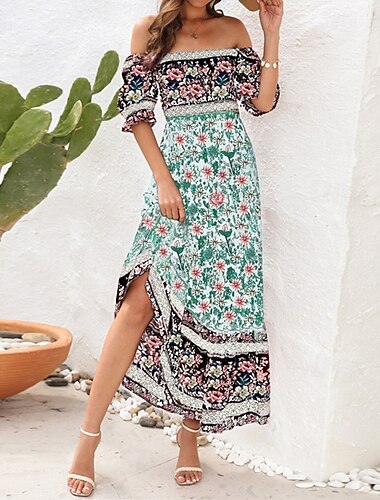  Naisten Pitkä mekko Maxi mekko Rento mekko A linjainen mekko Kesämekko Boho-mekko Tyylikäs Etninen Loma Päivittäin Deitti Normaali Kukka Lyhythihainen Olkaimeton Vaalean vihreä Rubiini Sininen Apila