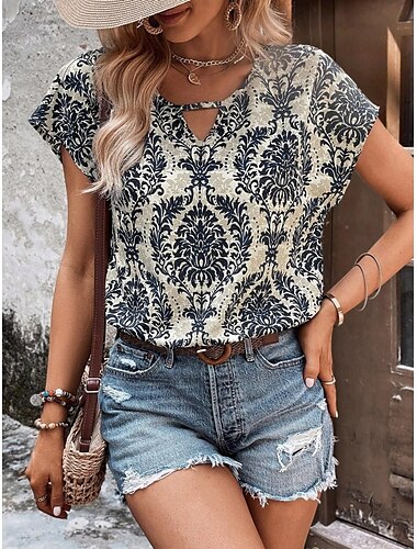  Damen T Shirt Blumen Böhmen Vintage Brautkleider schlicht Kurzarm Rundhalsausschnitt Normale Oberteile Täglich Wochenende Marineblau Braun Sommer Frühling