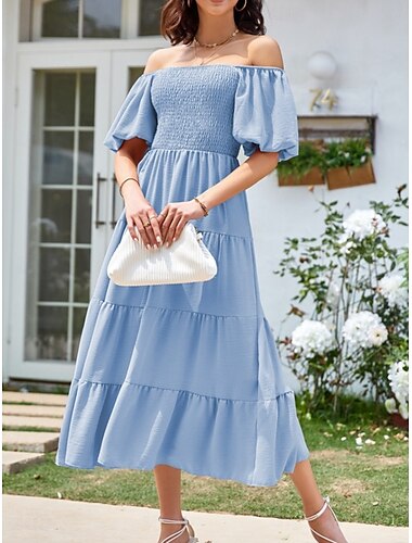  Damen Maxidress Casual kleid Schaukelkleid A Linie Kleid Milchmädchen-Kleid Stilvoll Basic Brautkleider schlicht Urlaub Täglich Regular Fit Glatt Kurzarm Quadratischer Ausschnitt Marineblau Leicht