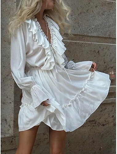  Damen Midikleid Weißes Kleid Stilvoll Basic Brautkleider schlicht Urlaub Täglich Regular Fit Glatt Langarm V Ausschnitt Weiß Blau Frühling Herbst