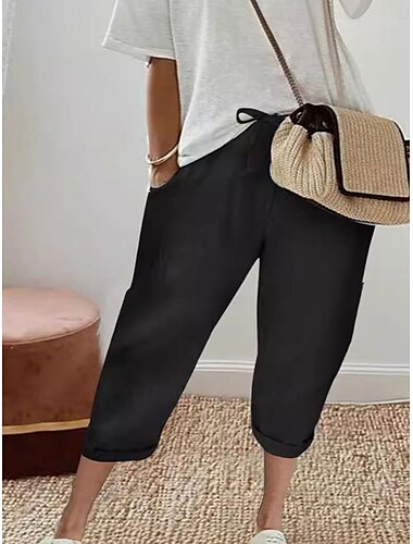  Damen Leinen-inspirierte Shorts Chinos Mode Streetwear Basic Wadenlang Mittlere Taillenlinie Einfach Tasche Kordelzug Komfort Außenbereich Mikroelastisch Urlaub Straße Täglich Grau Schwarz Wei