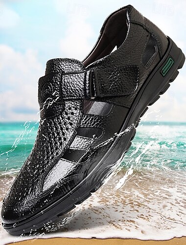  Schwarze Kunstledersandalen für Herren – atmungsaktives Cut-Out-Design mit verstellbarem Riemen, bequeme Sommerschuhe für die Freizeit und den Outdoor-Bereich