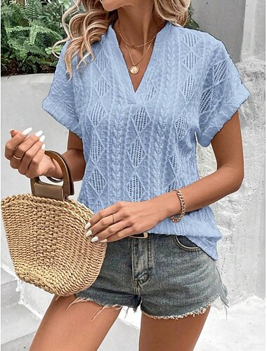  Damen T Shirt Glatt Modisch Modern Brautkleider schlicht Kurzarm V Ausschnitt Normale Oberteile Täglich Wochenende Öse Weiß Rosa Himmelblau Khaki Sommer Frühling