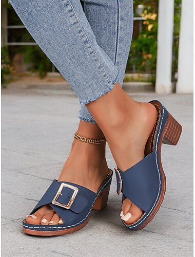  sandales mules bleues à bout ouvert pour femmes avec talons épais et boucle dorée – chaussures d'été élégantes pour les occasions décontractées