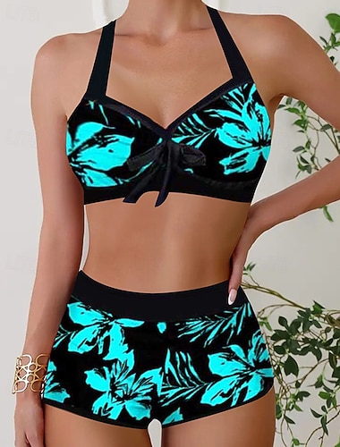  Damskie Tankini Dwuczęściowy strój kąpielowy W serek Odkryte plecy Kąpielówki Stroje kąpielowe Niebieski Zielony Szybkie wysychanie Lekki Oddychający Bez rękawów - Surfing Plaża Pływacki Lato Wiosna