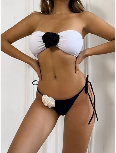  Femme Maillots de Bain Bikinis 2 pièces Slip Brésilien Maillot de bain Dos Nu Mince Vacances Tenues de plage Couleur unie Sans Bretelles Sans Manches Maillots de bain