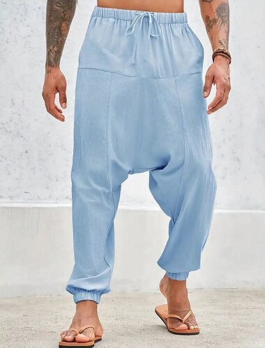  Voor heren Linnen broek Broek Zomerbroek Wijde broek Harembroek Trekkoord Elastische taille Effen Comfort Ademend Volledige lengte Yoga Dagelijks Feestdagen Modieus Klassieke Stijl Wit Marineblauw