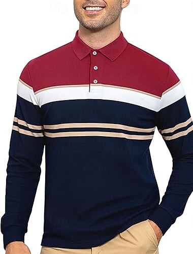  Herren Gestreift Rugby-Poloshirt Langarm Polo-Shirts Hemden mit Kragen Sportbekleidung Business-Casual Athleisure Knöpfe 3D-Druck Rote Armeegrün
