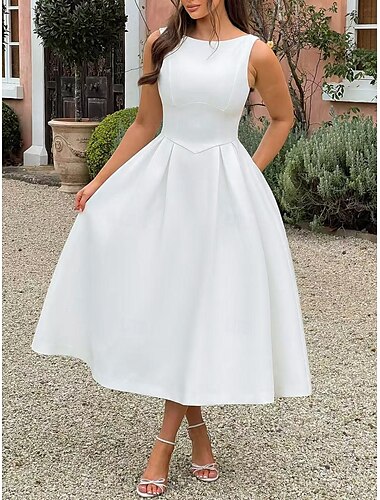  Kleines weißes Kleid Brautdusche Kleider Boho Hochzeitskleider A-Linie Rundhalsausschnitt Ärmellos Tee-Länge Jersey Brautanzüge Brautkleider Mit Falten Einfarbig 2025