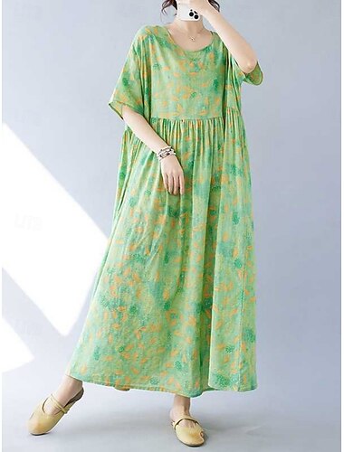  Damen Maxikleid Baumwoll-Leinen-Kleider Freizeitkleid Schwingkleid Maxikleid aus Baumwolle Basic Lässig Urlaub Täglich Normale Passform Blumen Kurzarm Rundhalsausschnitt Grün Sommer