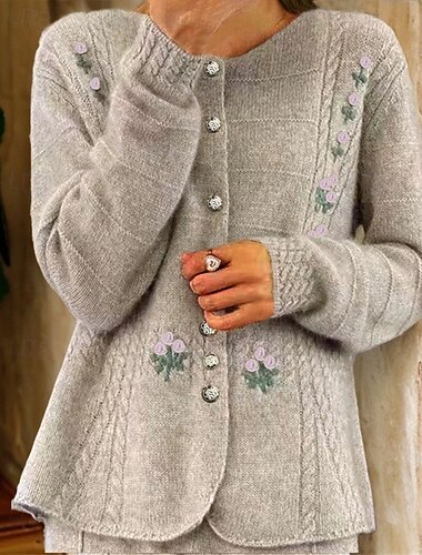  dámský svetr cardigan crew krk kabelka úplet vyšívané knoflíky pletené kapka rameno jaro podzim domů denní dovolená vintage denně měkký dlouhý rukáv květinový čistá barva velbloudí béžová