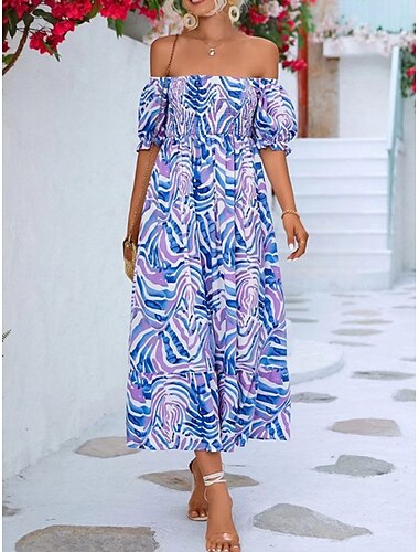 Mujer Vestido maxi Vestido informal Vestido de una línea Elegante Casual Vacaciones Diario Ajuste regular Bloque de color Manga Corta Hombros Caídos Azul Piscina Verano
