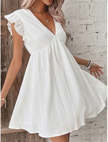  Femmes Mini Robe Robes en coton et lin Basique Occasionnel Vacances Quotidien Coupe régulière Uni Sans manches Col en V Blanche Été