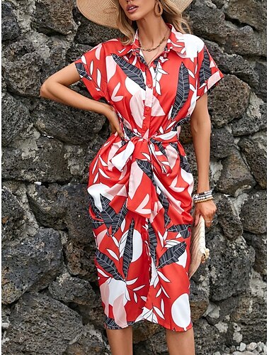  Damen Midikleid Casual kleid A Linie Kleid Stilvoll Brautkleider schlicht Urlaub Täglich Regular Fit Blumen Blatt Kurzarm Hemdkragen Rote Grün Sommer