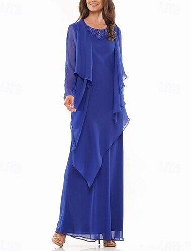  Ensembles de Robes A-Line Robe de Mère de la Mariée Élégante Simple Col Rond Longueur D'Ambiance Chiffon Manches Longues avec Perles Tier en Dentelle Volants Cascadants 2025