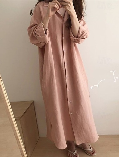  Dames Lange jurk maxi-jurk Imitatie katoenlinnen Shirtjurk Kaftanjurk Casual jurk Stijlvol Casual Dagelijks Vakantie Afspraakje Normale pasvorm Effen Lange mouw Revers blauw Blozend Roze Marineblauw