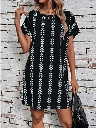  Mulheres Minivestido Vestido casual Vestido T shirt à moda Casual Férias Diário Normal Geométrica Manga Curta Gola Redonda Preto Rosa Verde Tropa Verão