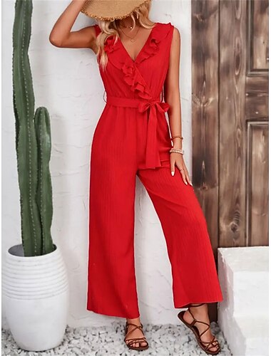  Damen Normal Jumpsuit Aktiv Feste Farbe Ärmellos V Ausschnitt mit Schnürung Rüsche Urlaub Täglich Regular Fit Rote Sommer