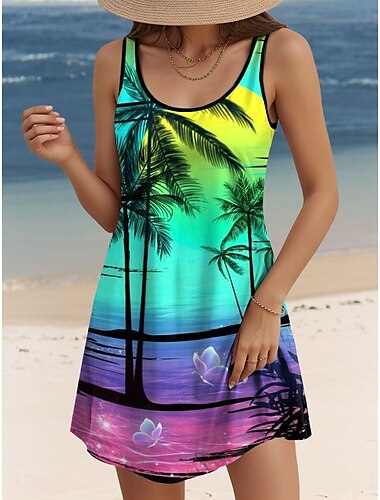  Kvinnors Miniklänning Petite Klänning Sundress A-linje Klänning Tankklänning Stilig Avslappnad Semester Avslappnad Helg Lös Passform Tropisk Ärm Utlånad Crew Neck Grön Sommar Vår