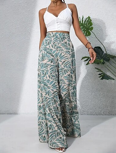  Damen Breites Bein Hosen Hose Leicht Brautkleider schlicht In voller Länge Mittlere Hüfthöhe Graphic Kokosnussbaum Print Atmungsaktivität Komfortabel Unelastisch Heim Casual Meerblau Hyazinth