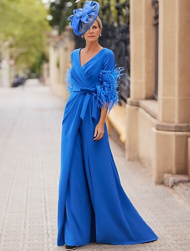  Combinaison  Pantalon Mère de la Mariée Élégante Vintage Col V Longueur Sol Chiffon Élastique Manche Demi Avec Plumes Appliqués de Sequins 2025
