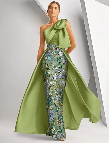  Vestido de noche de corte A, elegante, para bodas en la playa, formales, hasta el suelo, sin mangas, con un hombro al descubierto, de satén, con lazo(s), abertura, bordado, 2025