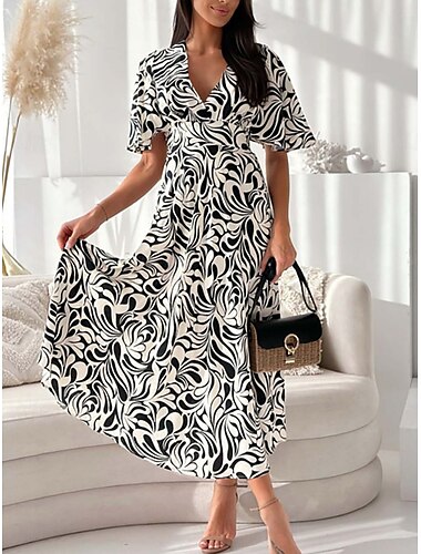  Damen Midikleid Casual kleid Schaukelkleid A Linie Kleid Stilvoll Brautkleider schlicht Urlaub Täglich Regular Fit Blumen Kurzarm V Ausschnitt Weiß Rote Sommer