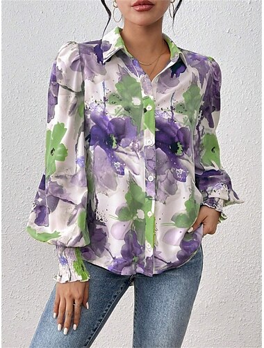  Dames Overhemd Blouse Bloemig Elegant Dames Stijlvol Lange mouw Pofmouw Overhemdkraag Normale tops Werk Dagelijks Feestdagen Knop Afdrukken Paars Groen Lente Herfst Winter