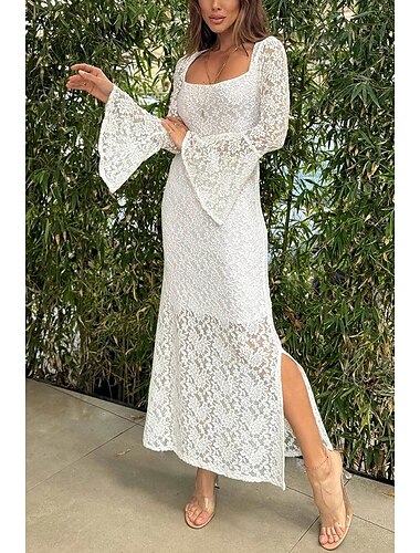  Women's Maxi Dress White Dress Black Dress Lace Dress Elegant Stylish Sexy Wedding Vacation Party Regular Fit Long Sleeve Square Neck Black White Summer Spring Fall Winter