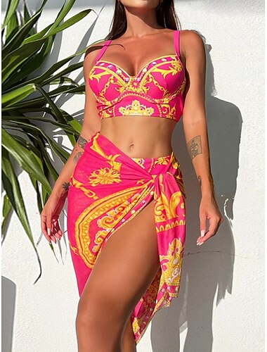  Femme Maillots de Bain Bikinis 2 pièces Jupe Maillot de bain Dos Nu Mince Vacances Tenues de plage Floral Dos nu Sans Manches Maillots de bain