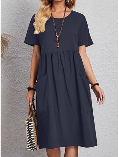  Damen Midikleid Langes Kleid Maxikleid Baumwoll-Leinen-Kleider Elegant Stilvoll Basic Urlaub Party Arbeit Normale Passform Einfach Kurzarm Rundhalsausschnitt Rosa Leicht Braun Khaki Dunkelblau Sommer