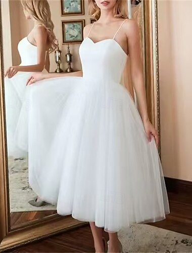  Μικρά Λευκά Φορέματα Φορέματα Γάμου Ball Gown Sweetheart Spaghetti Strap Μήκος Τσαγιού Τούλι Νυφικά Σατέν Φορέματα Με Πτυχώσεις Ρούμπα