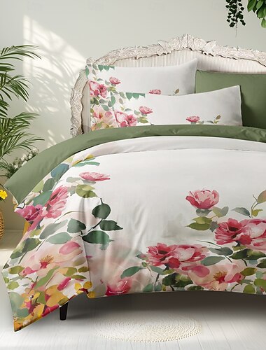  Juego de funda nórdica de 3 piezas, serie floral 100 % algodón, de pelusa corta, suave, agradable para la piel, cómoda y ligera, tamaño queen y king