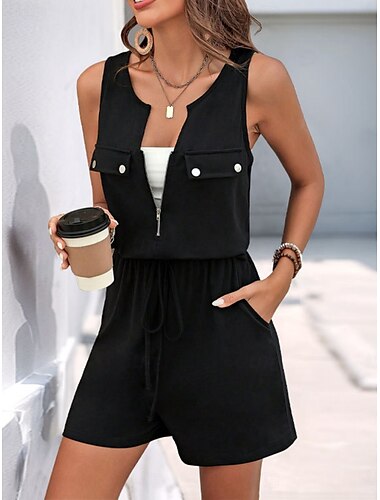  Damen Normal Kurz Jumpsuit Aktiv Feste Farbe Ärmellos Rundhalsausschnitt Zip Tasche Urlaub Täglich Regular Fit Schwarz Sommer