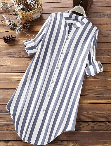  Damen Minikleid blusenkleid Casual kleid Sommerkleid Stilvoll Brautkleider schlicht Urlaub Täglich Verabredung Regular Fit Streifen Langarm V Ausschnitt Schwarz Rosa Blau Khaki Sommer Frühling