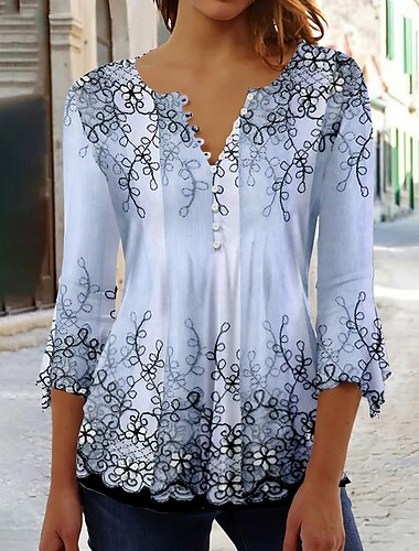  Dames T Shirt Basis Bloem Knopen Print 3/4 Lengte Mouw Regular Tops Ronde Hals Casual Vakantie Roze Blauw Paars Groen
