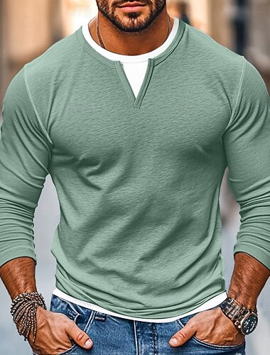  Per uomo Camicia Maglietta Collo a V Camicia a Maniche Lunghe Manica Lunga Scollo a V Primavera & Autunno Tinta unica Patchwork Quotidiano Casual Stile da Strada Finto due pezzi All'aperto Streetwear