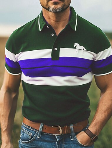  Herren Pferd Gestreift Rugby-Poloshirt Kurzarm Polo-Shirts Hemden mit Kragen Lässig Schule Outdoor Sport Alltagskleidung 3D-Druck Sommer Rote Braun Grün