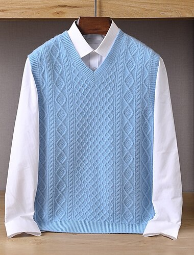  Herren Pullunder Zopfmuster Stricken V-Ausschnitt Einfarbig V Ausschnitt Strickware Elegant Schule Formell Bekleidung Frühling Herbst Marineblau Hellgrau S M L