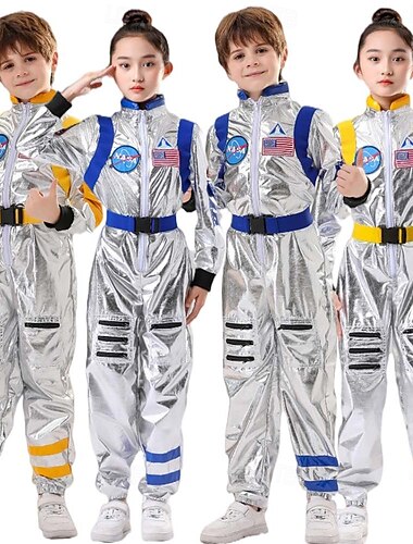  Costume d'astronaute, combinaison, costume de carnaval, combinaison de groupe, combinaison spatiale argentée pour enfants, garçons et filles, fête, costume de carnaval facile