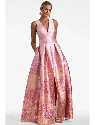  A-Linien Abendkleid Hoher Schlitz Kleid Strandhochzeit Formale Hochzeitsgast Bodenlänge Ärmellos V-Ausschnitt Tasche Satin mit floralem Druck Schlitz Tasche Derby Kleid Renn-Tag Kleid