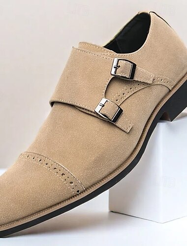  Beigefarbene Monkstrap-Abendschuhe aus Wildleder für Herren – elegante Brogue-Details für formelle und halbformelle Anlässe