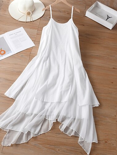  Damen kleid lang Casual kleid Sommerkleid Cami-Kleid Stilvoll Brautkleider schlicht Urlaub Täglich Verabredung Regular Fit Glatt Ärmellos Rundhalsausschnitt Weiß Sommer