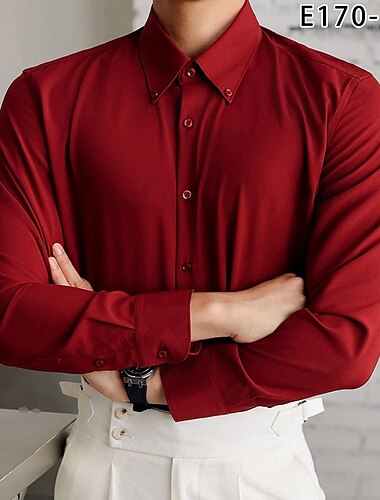  Homens Camisa Social Saia camisa de botão Tecido Casamento Festa Branco Vermelho Marron Cinzento Manga Longa Lapela Primavera & Outono Roupa