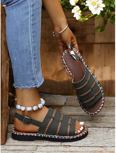  sandálias femininas verde exército com tiras trançadas e design slingback – calçados confortáveis de verão para atividades casuais e ao ar livre