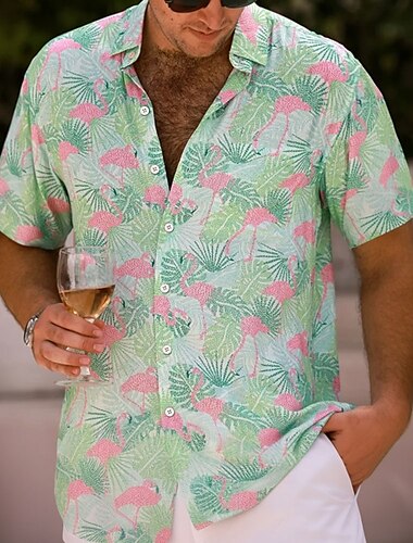  Homens Flamingo Plantas Tropicais Camisa havaiana camisa de botão Camiseta Aloha Manga Curta Havaiana Recorrer Férias Feriado Roupa de Praia Verão Primavera Aberto para a Lateral Impressão 3D camisas