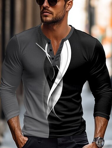  Homme Graphique Formes Géométriques Chemise Henley manche longue Mode Mignon Quotidien Occasionnel Fête Sortir Printemps & Automne Noir Henley T-shirt Henley
