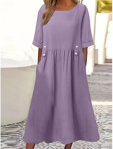  Femmes Robe Midi Robes en coton et lin Robe Décontractée Robe en coton et lin Élégant ancien Basique Vacances Quotidien Coupe Ample Uni Manche Courte Col ras du cou Blanche Violet Vert Gris Ét